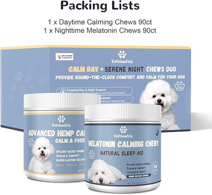 Vetriuntrix Calming Chews with Melatonin Set, Dog Calming Soft Chews for Fireworks, Storms, Thunder, Barking, Separation