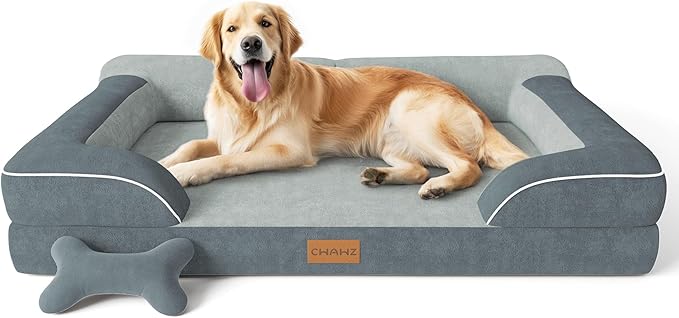 CWAWZ Extra Large Dog Bed, Orthopedic XL Dog Bed with Cooling Gel Memory Foam, Waterproof Pet Bed with Removable Washable Cover, 42" Pet Sofa Couch Dutch Velvet with Bone Toy, Dark Gray