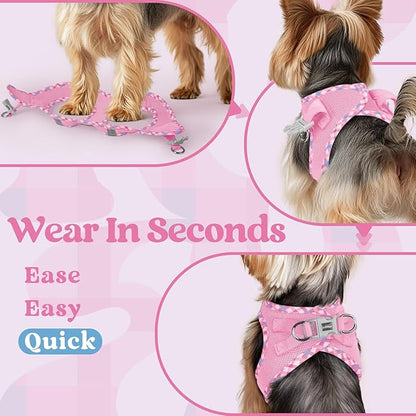 rabbitgoo Small Dog Harness, Step-in Soft Mesh Puppy Vest with Safety Buckle, Breathable Reflective Pet Harness for Small Sized Dogs, Pink & Plaid Trim M