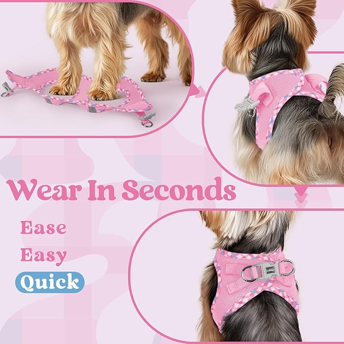 rabbitgoo Small Dog Harness, Step-in Soft Mesh Puppy Vest with Safety Buckle, Breathable Reflective Pet Harness for Small Sized Dogs, Pink & Plaid Trim S