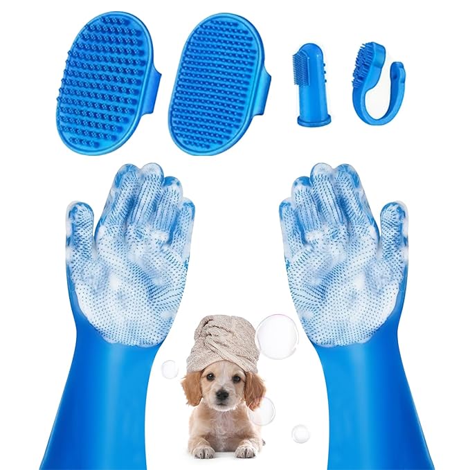 6PCS Pet Grooming Kit for Dogs, Dog Washing Gloves with High-Density Teeth, Dog Bath Brush & Silicone Heat Resistant Cleaning Gloves, Pet Hair Removal Glove for Dogs & Cats, (Navy Blue)