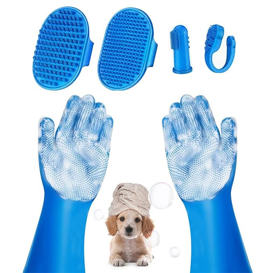 6PCS Pet Grooming Kit for Dogs, Dog Washing Gloves with High-Density Teeth, Dog Bath Brush & Silicone Heat Resistant Cleaning Gloves, Pet Hair Removal Glove for Dogs & Cats, (Navy Blue)