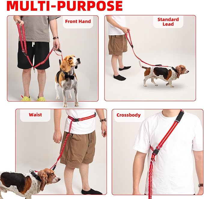 PUPTECK Heavy Duty Bungee Leash for Medium Large Dogs, No Pull Tactical Dog Leash with Double Handles for Training, Reflective with Car Seatbelt and Quick Release Buckle, Red