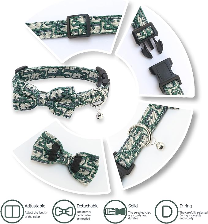 Bowtie Collars for Small Dogs, Elegant Puppy Collars with Leash Set, Tiny Dog Collars with Bowtie Adjustable 9.8"-13.8", Green, S