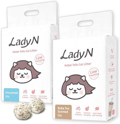 Lady N Tofu Cat Litter, Strong Clumping Ultra Absorbent Natural Litter, Dust-Free Low Tracking Cat Litter Pellets, Enviro-probiotic and Activated Carbon for Odor Control 18lb (Boba Tea+ Unscent)