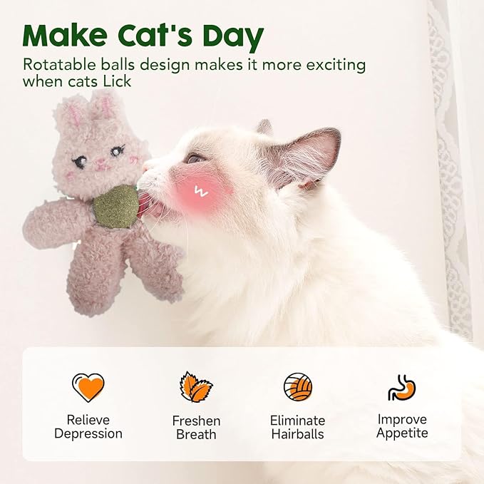 Gavpepy Cat Toys with Catnip Kitten Chew Bite Supplies Boredom Relief Fluffy Kitty Teeth Cleaning Chewing Cat Lovers Interactive Plush Gift (Rabbit&Panda)