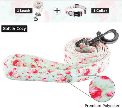 Ihoming Puppy Collar and Leash Set for Daily Outdoor Walking Running Training, Floral GreenLake Design for Extra Small Boys Girls Dogs Cats Pets, XS-Up to 10LBS
