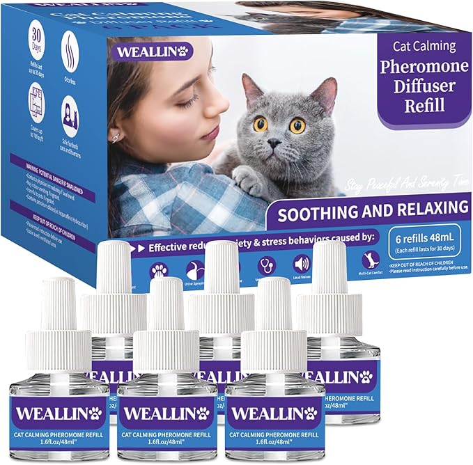 WEALLIN 6 Pack Cat Calming Diffuser Refills - Cat Pheromones Calming Diffuser Refill Relieve Anxiety & Stress 6 Month Supply, Cat Pheromone Diffuser Refills (Fits All Common Diffuser Heads)