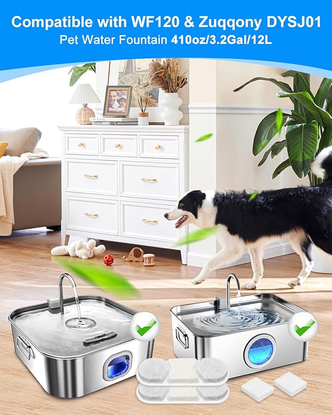 Cunina 12 Pack Replacement Filter & 12 Pre- Sponges Dog Water Fountain Filters Fit for WF120 Large Dog Water Bowl Dispenser 410oz/3.2Gal/12L Automatic Pet Fountain Water Dispenser Stainless Steel