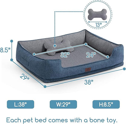 Hollypet Orthopedic Rectangle Dog Bed for Large Dogs, Supportive Egg-Crate Foam Pet Beds with Removable Washable Waterproof Cover and Non-Slip Bottom, Blue, 38" L x 29" W x 8.5" Th