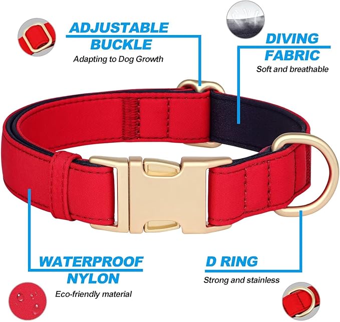 Didog Soft Padded Dog Collars for Medium Dogs, Colorful and Durable Dog Collar with Quick Release Buckle, Light and Breathable for Daily Walking, Red, M