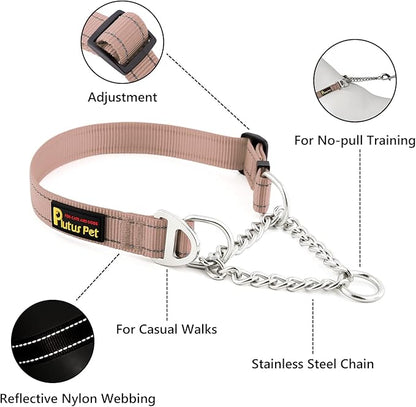 Plutus Pet Martingale Dog Collar with Stainless Steel Chain and Reflective Nylon, Adjustable No Pull Training Collar, for Small Medium, and Large Dogs, Beige, M
