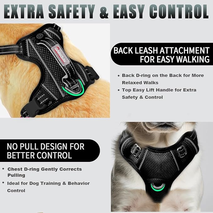 BARKBAY No Pull Dog Harness Large Reflective Dog Harness with Front Clip and Easy Control Handle for Walking Training Running with ID tag Pocket(Black,XS)