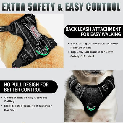 BARKBAY No Pull Dog Harness Large Reflective Dog Harness with Front Clip and Easy Control Handle for Walking Training Running with ID tag Pocket(Black,XS)