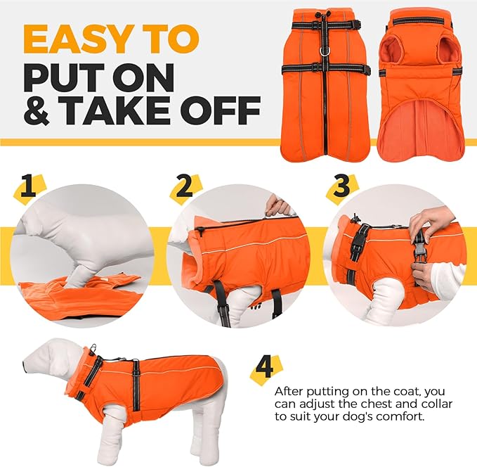 Lelepet Dog Winter Coat Waterproof Dog Jacket with Harness Built in Windproof Reflective Pet Coats for Extra Large Dogs, Thermal Fleece Lined Coats for Cold Weather Walking, Great Dane, Orange, 3XL