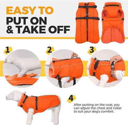 Lelepet Dog Winter Coat Waterproof Dog Jacket with Harness Built in Windproof Reflective Pet Coats for Small Medium Large Dogs, Thermal Fleece Lined Coats for Cold Weather Walking Hiking, Orange, XL