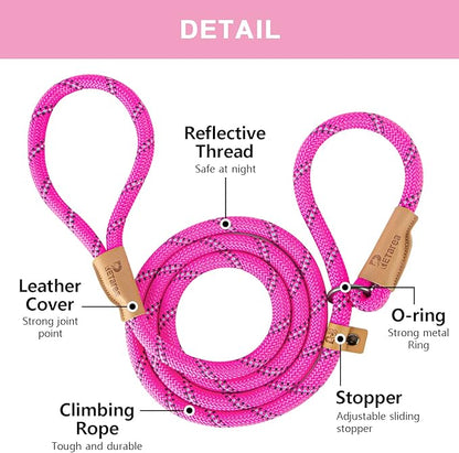 5 FT Slip Lead Dog Leash, Heavy Duty Rope Leash for Small Medium Large Dogs, No Pull Training Lead with Reflective Thread, Strong Comfortable Loop Leash (Pink Stripe, Large(1/2"))