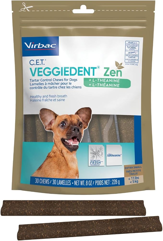 Virbac C.E.T. VEGGIEDENT Zen Tartar Control Chews for Dogs - Multifunctional to Support Mental Well-Being, VOHC Approved - Extra Small Under 11lbs