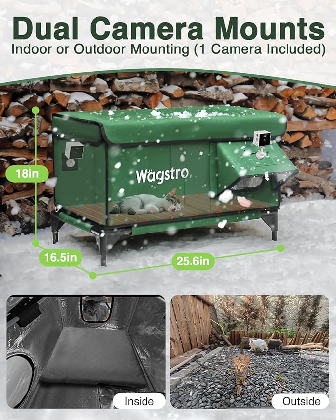 Wagstro Heated Cat House for Outside with Smart Pet Camera, Highly Elevated with Escape Door, Insulated Waterproof Outdoor Cat House Shelter for Feral Stray Barn Cat (Army Green, 25.6"x16.5"x18.5")