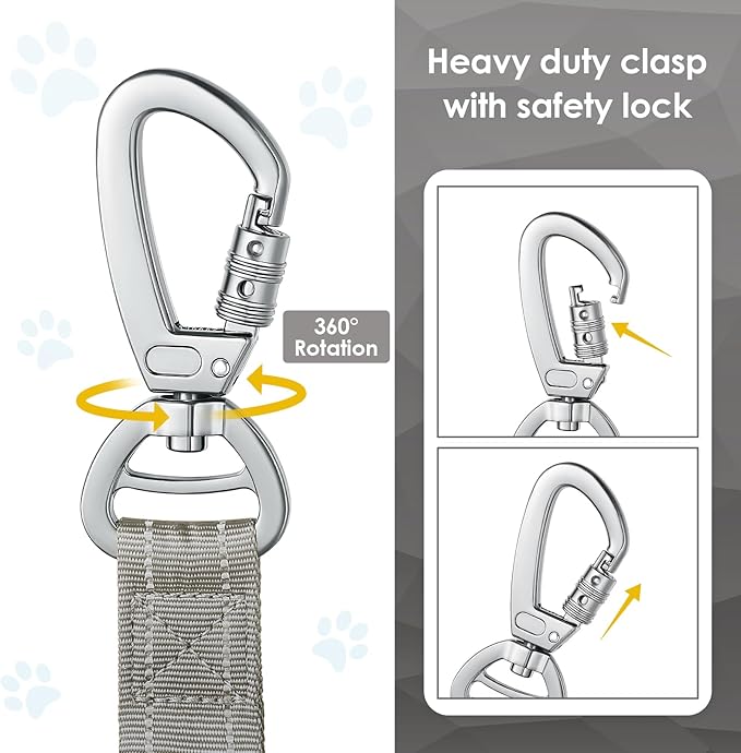 AUBELL Tactical Dog Leash Heavy Duty,4-6ft Reflective Strong No Pull Bungee Leash for Small Dogs with Comfortable Padded Double Handle,Car Seat Belt,360 Degree Rotating Carabiner,Grey