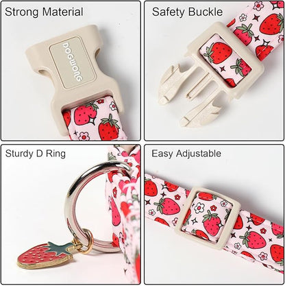 DOGWONG Strawberry Dog Collar, Cute Pink Strawberry Pet Collars with Quick Release Buckle for Puppy Small Medium Large Boy Girl Dogs-XS