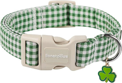 Lionet Paws St. Patrick Dog Collar, Comfortable Adjustable Green Collar with Green and White Grid Pattern for X-Large Male Female Dogs Collars, Neck 16-26 inches