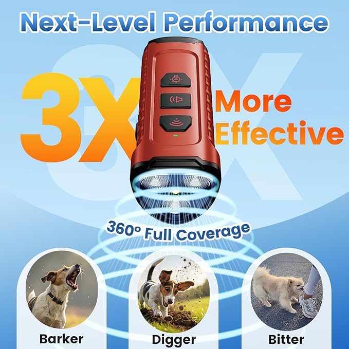 Dog Bark Deterrent Device, Anti Barking Device for Dogs 3X Ultrasonic to Stop Barking Neighbors Dog| 50ft Range, 5 Adjustable Modes, Flashlight & Beep | Safe & Effective for Small, Medium & Large Dogs