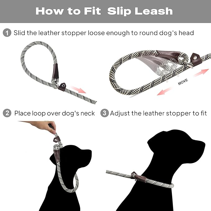 TwoEar 6FT Slip Lead Dog Leash, Heavy Duty Slip Leash for Dogs with Highly Reflective, Strong Rope Slip Leads No Pull Pet Training Leashes for Small Dogs (1/2", Grey)
