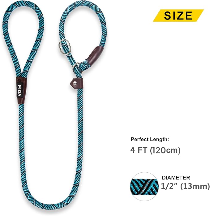 Fida Slip Leads for Dogs, 4 FT x 1/2" Dog Leash Heavy Duty Comfortable Strong Rope Lead for Large, Medium Dogs, No Pull Pet Training Leash with Highly Reflective, Blue