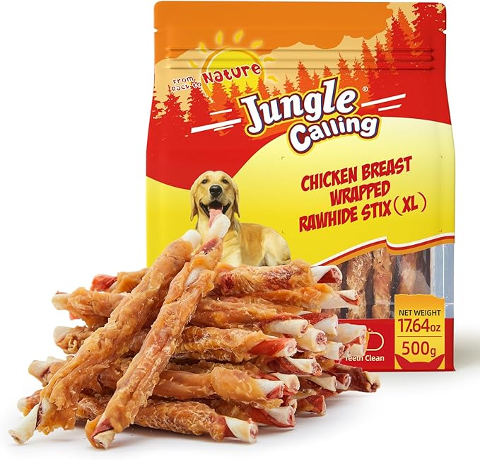 Jungle Calling Dog Treats, Natural Chicken Wrapped Rawhide Sticks for Small Medium Dogs, Long Lasting Dog Rawhide Chews for Teeth Cleaning, Grain Free Training Rewards, 1.10 lb