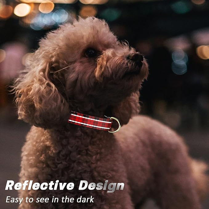 Reflective Dog Collar for Small Dogs, Cute Boho Adjustable Heavy-Duty Nylon Puppy Collar for Boy and Girl Female, Soft Pet Accessories with Quick Release Buckle, Black Red Tartan