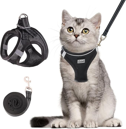 Betmaypet Cat Harness and Leash Set, Soft and Breathable Vest with Reflective Strip, Escape Proof Kitten Harness, Easy to Wear for Cats Walking and Traveling (Black, XXS)