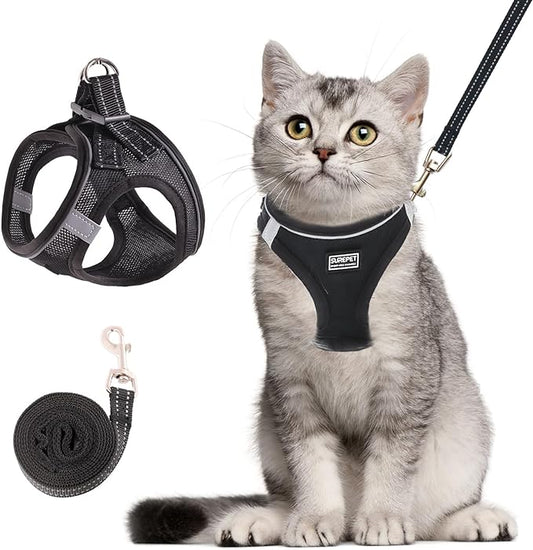 Betmaypet Cat Harness and Leash Set, Soft and Breathable Vest with Reflective Strip, Escape Proof Kitten Harness, Easy to Wear for Cats Walking and Traveling (Black, S)