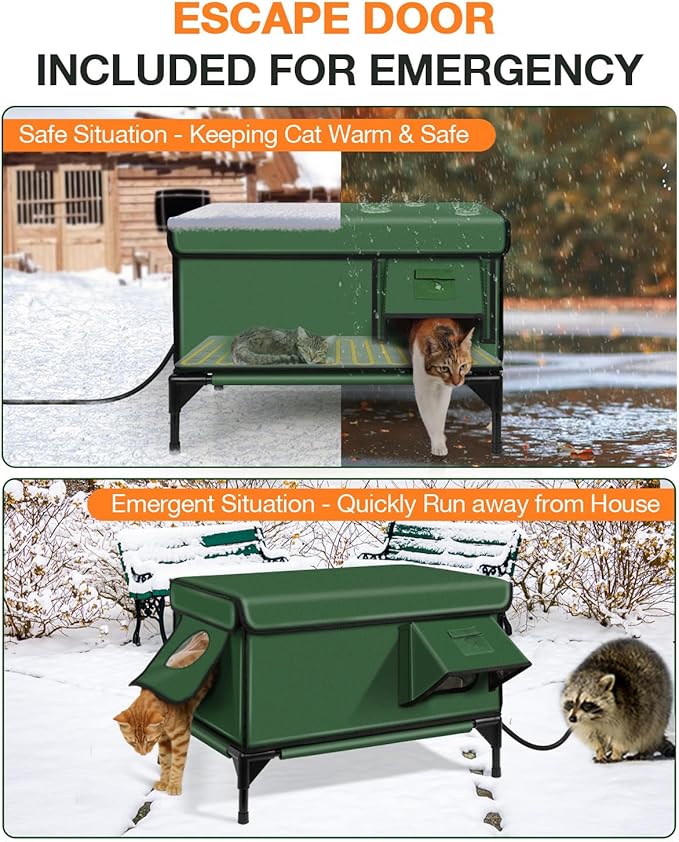 Indestructible Heated Cat House for Outside Winter, 100% Waterproof, Safe Escape Door, Insulated Outdoor Cat Shelter with Heater for Feral Barn Cat Kitty (Green, 27"x17"x18")