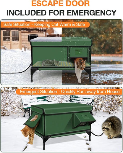 Indestructible Heated Cat House for Outside Winter, 100% Waterproof, Safe Escape Door, Insulated Outdoor Cat Shelter with Heater for Feral Barn Cat Kitty (Green, 24"x15"x18")