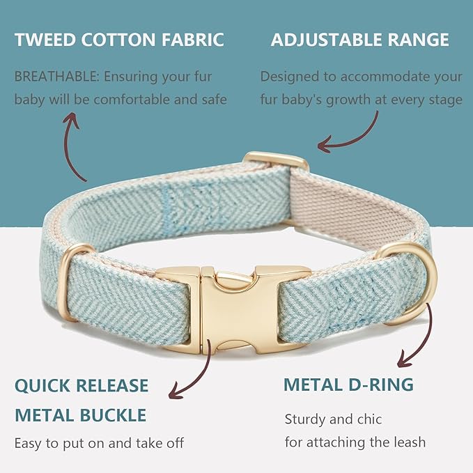 Ewinoom Soft Hemp Dog Collar and Leash Set Adjustable Woven Tweed Dog Collars with Metal Buckle and Lead for Small Medium Large Dogs,Blue