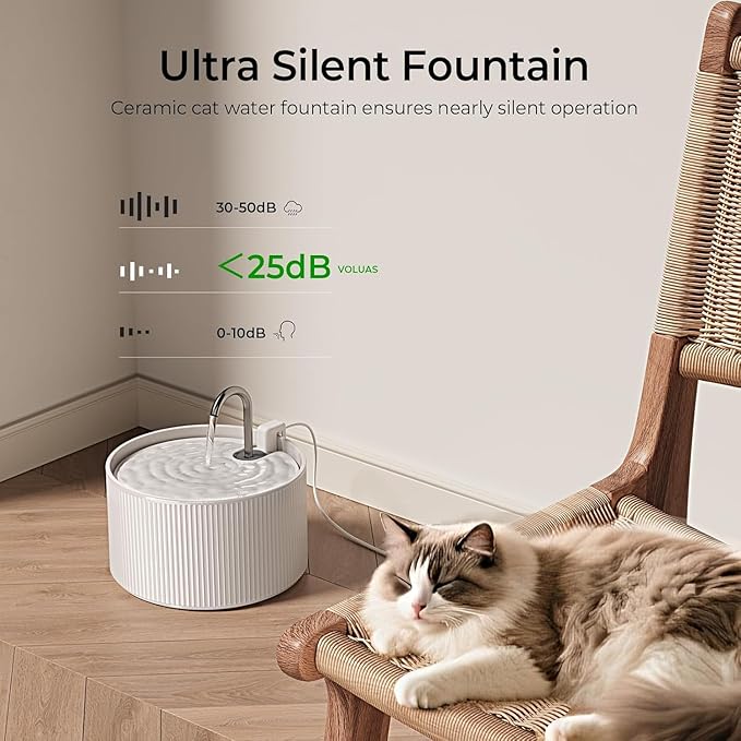Voluas Ceramic Cat Water Fountain: 2.2L/74oz Cat Fountains for Drinking, Automatic Pet Water Dispenser with Ultra-Quiet Pump and Replacement Filter, Kitty Watering Supplies Indoor Easy Clean BPA-Free