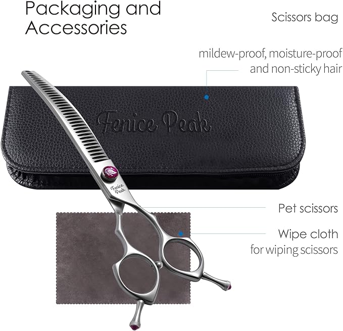 Fenice Peak 7.5‘’ Curved Chunker Dog Grooming Scissors with Purple Flashing Screw Professional 440C Stainless Steel Natural Color Pet Trimming Shears with Offset Handle Durable and Sharp