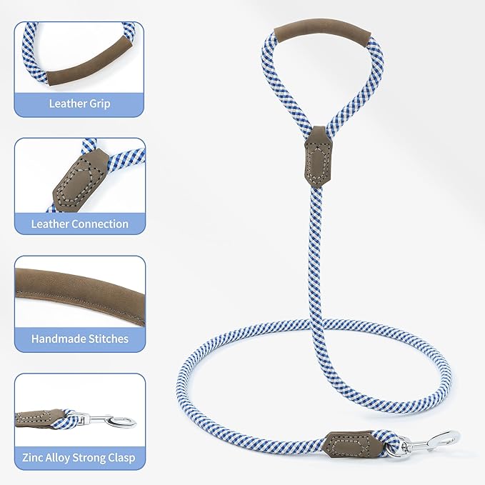 Mile High Life | Premium Leather Dog Leash | Strong Rope Leash | Leather Handle | Zinc Alloy Strong Clasp | Small Medium Large Dogs | 4/5/6 Feet(Blue Gray, 60 Inch (Pack of 1))