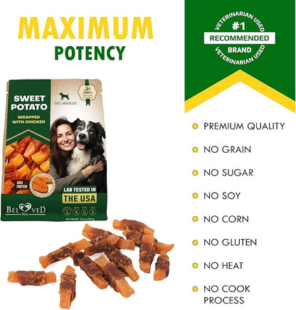 Beloved Pets Sweet Potato Dog Treats & Healthy Chicken Chews 10.6 Oz - Puppy Snacks & Soft Bones for Large, Medium & Small Breeds - Natural Dog Food & Grain-Free, Rawhide-Free Training Jerky Wraps