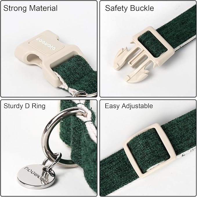 DOGWONG Cotton Hemp Dog Collar, Heavy-Duty Christmas Green Dog Collar Adjustable Soft Natural Fabric Pet Dog Collar Cute Holiday Puppy Necklace for Small Medium Large Dogs