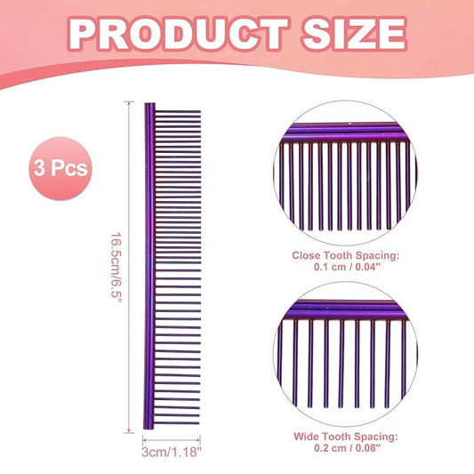 PETAXCELL Dog Cat Comb, Pet Combs Stainless Steel Teeth with Rounded Ends for Knots Mats Loose Hair Removal, 6.5IN (Purple Plated, 3 Pack), Grooming Tool Intended for Long Curly Hair Pet