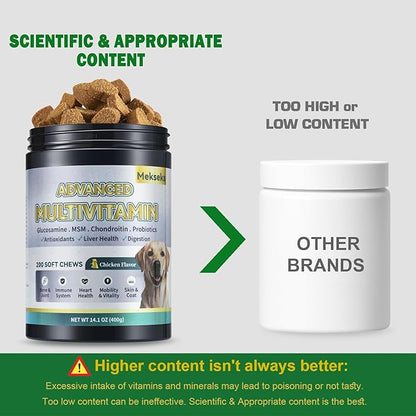 Advanced 24-in-1 Multivitamin Chews for Dogs - 200 Soft Chewable All-in-One Vitamin Support Supplement for Dog Joints, Gut Health, Skin & Coat with Omega-3, Probiotics & 12 Essential Vitamins