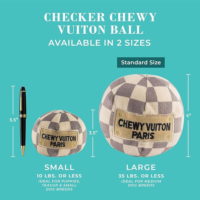 Haute Diggity Dog Checker Chewy Vuiton Ball, Plush Designer Dog Toys with Interactive Squeaker, Stimulating Pet Enrichment, Machine-Washable & Safe Materials for All Breeds, Size Large