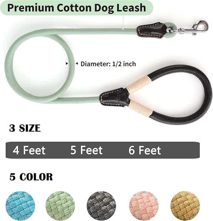 Mile High Life Genuine Leather Wrapped Handle Dog Leash, w Heavy Duty Clasp Rope Leash for Small Medium Large Dogs (Green, 6FT)