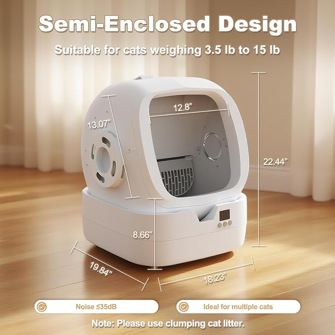 Mintakawa Automatic Cat Litter Box Self Cleaning - APP Control and Weight Monitoring - Ultra-Quiet, Suitable for Medium Cats and Kittens, Safe Anti-Pinch Litter Box (Assembly Required) -White