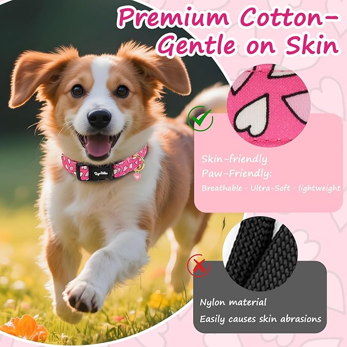Valentines Dog Collar with Pink White Heart Pattern, Adjustable Medium Dog Collar with Safety Buckle & Heart Charm, Spring Summer for Girl Boy Dogs-M