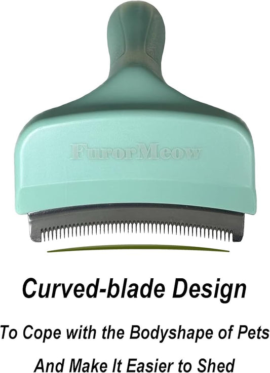 FurorMeow Pet Deshedding Tool with Curve Blade, Cat Grooming Brush, Tight V-shaped Teeth Shedding Comb for Cats and Dogs (Green, Small)