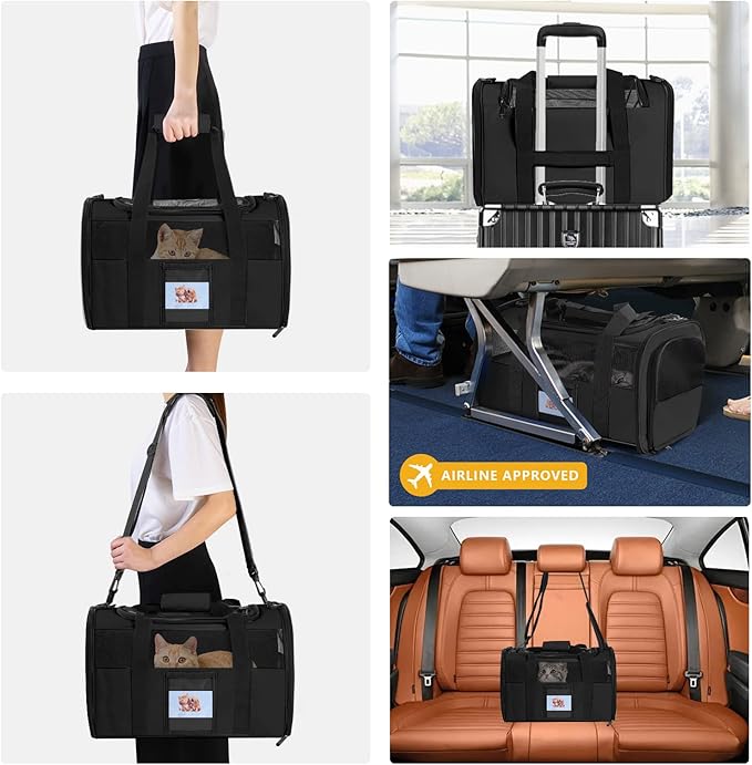 SECLATO Cat Carrier, Dog Carrier, Pet Carriers Airline Approved for Kitten Small Dogs Carriers for Small Medium Under 15lbs, Collapsible Soft Sided Cat Carrier, Black