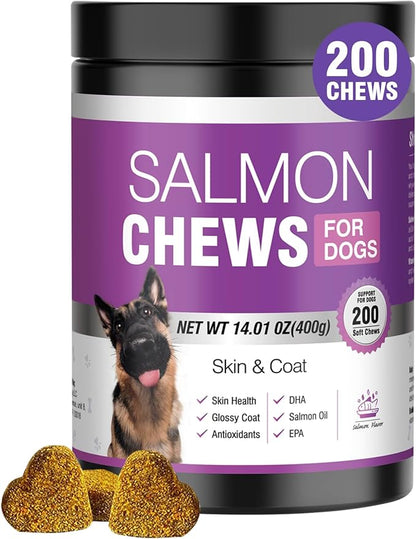 Omega 3 Skin and Coat Supplement for Dogs 200 Chews Dog Fish Oil Supplements with EPA & DHA Fatty Acids Dry Skin Relief for Dogs Shedding Allergy Itching Promotes Heart Hip Joint Health Salmon Flavor